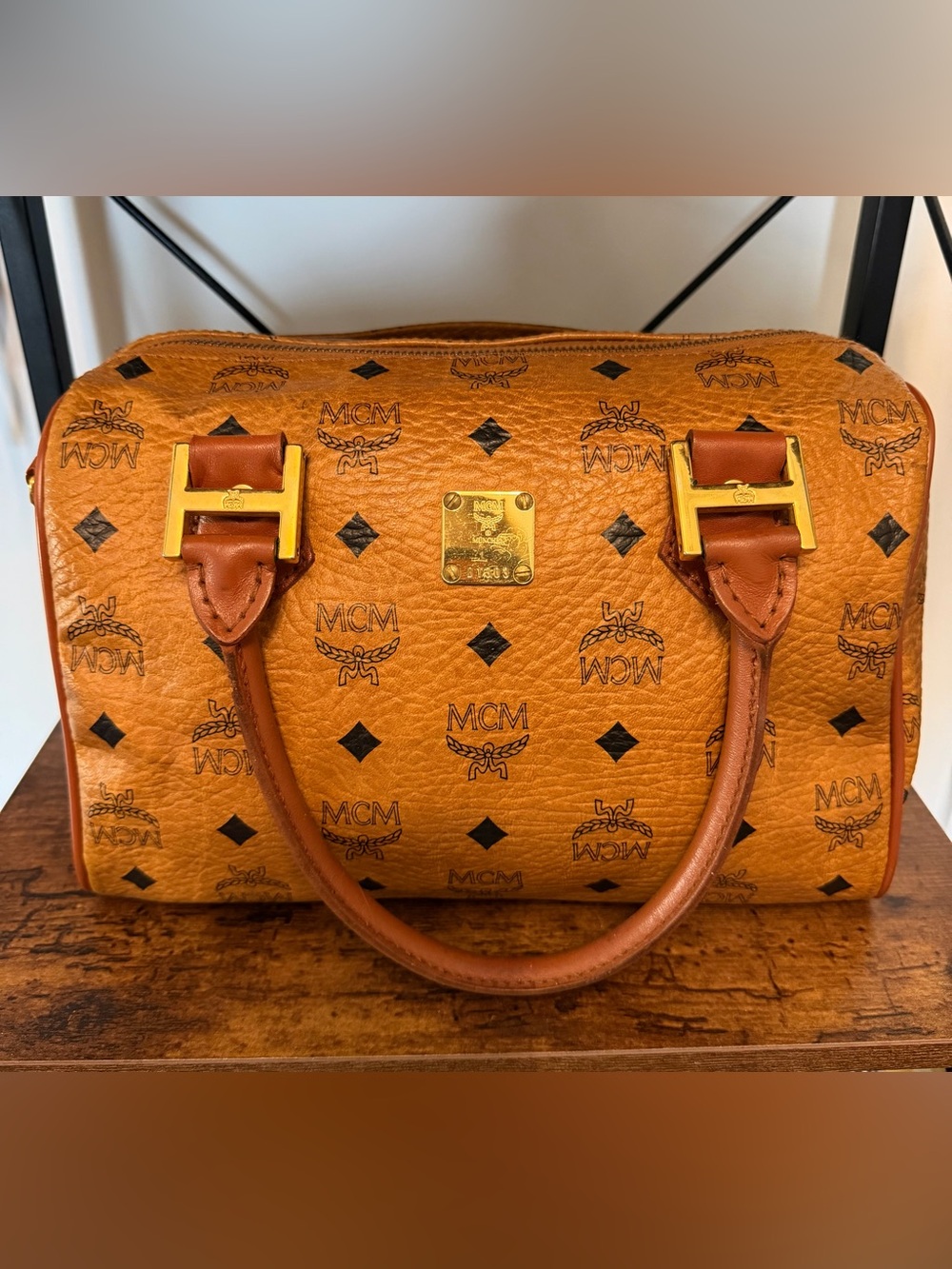 MCM Visetos Boston Satchel in Cognac